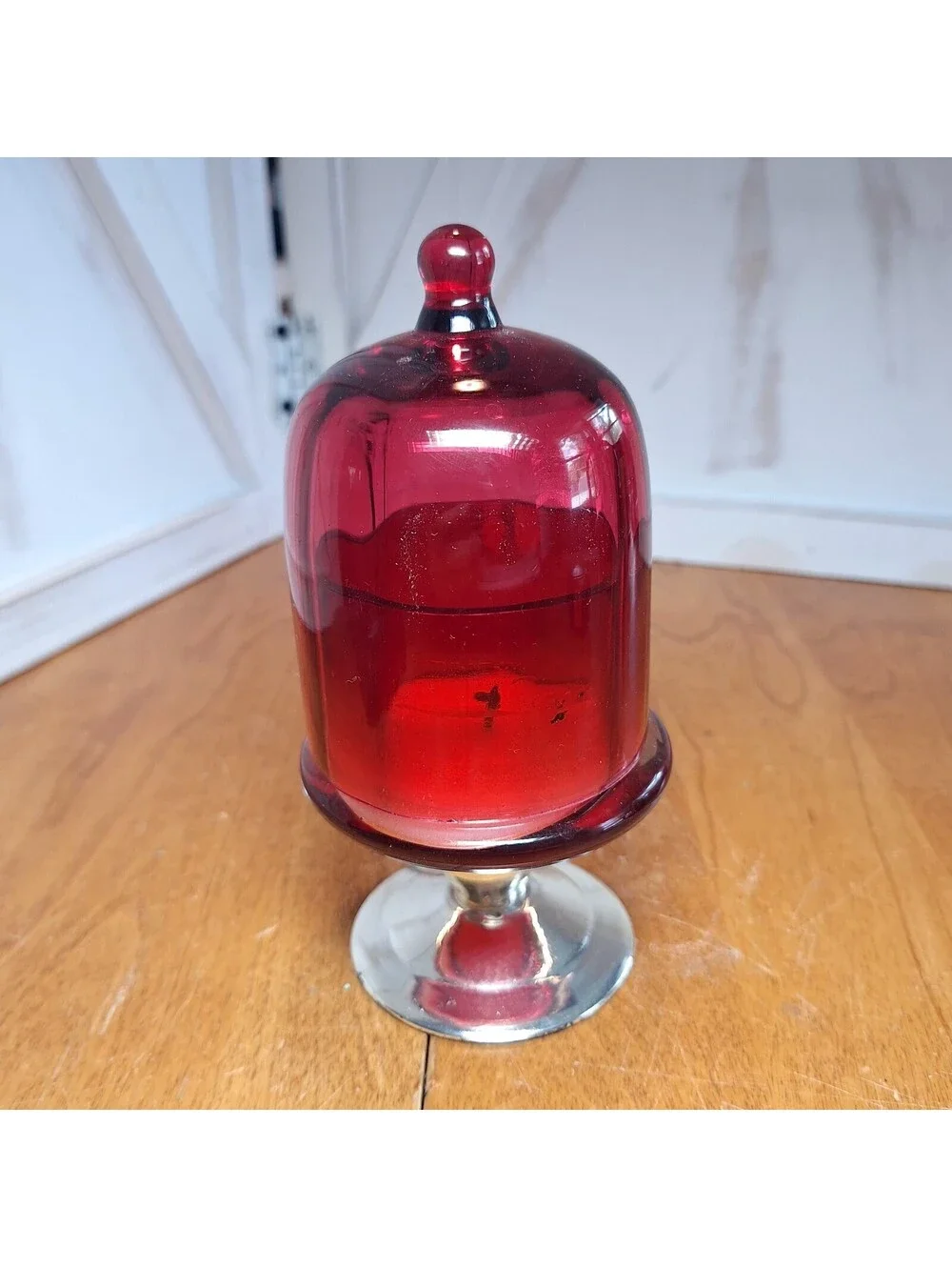 Anthropologie Mini Red Cake Stand Glass Candle (Used) 6.5